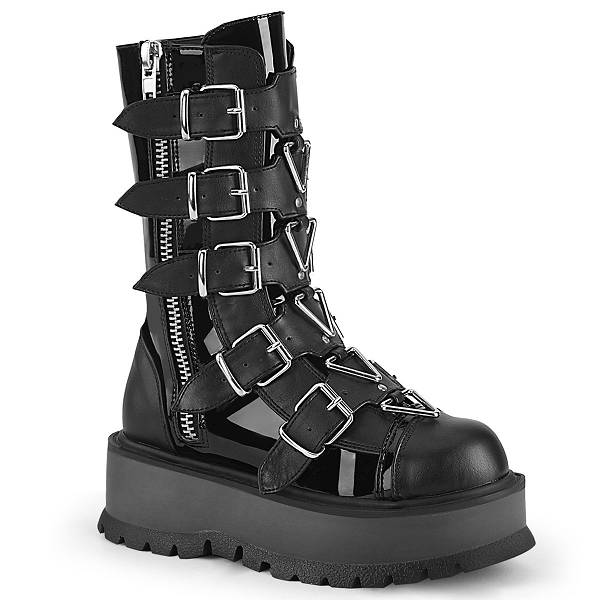 Demonia Women's Slacker-160 Platform Mid Calf Boots - Black Patent/Vegan Leather D7054-38US Clearance